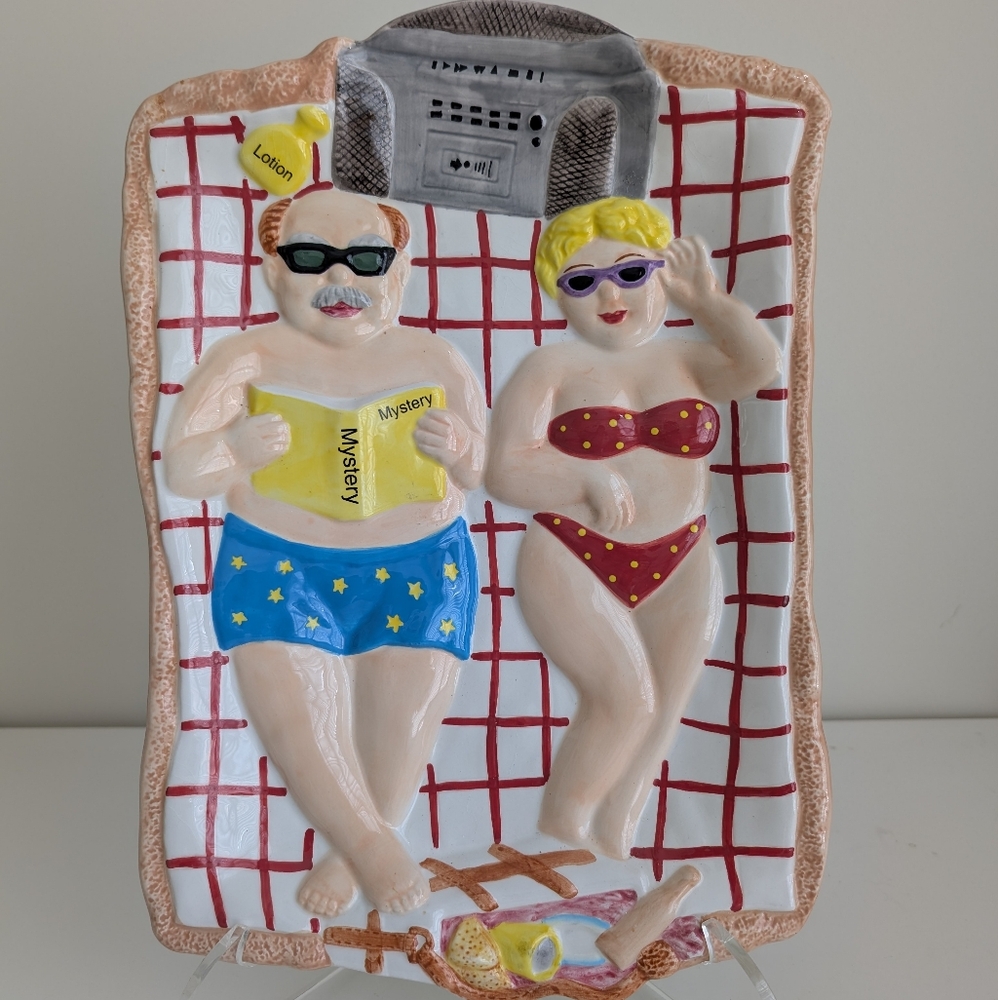 15" Sunbathing Couple 2D Serving Platter Tray Beach Pool Anniversary Retiree